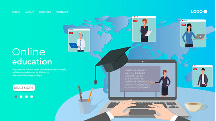 Online education, e-learning.The teacher conducts the lesson on the laptop screen in online mode.Home schooling, distance learning, and passing exams.Online courses and advanced training.