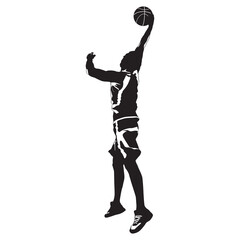 Professional basketball player silhouette shooting ball into the hoop, vector illustration. Slam dunk shooting technique