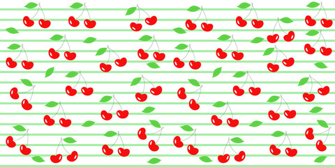 Seamless pattern with red cherries on striped vackground