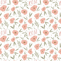 Seamless flowers pattern, background with roses. Lettering