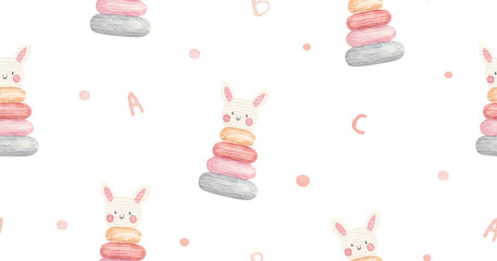 childish simple seamless pattern with baby pyramid with rabbit face and letters, watercolor illustration on white background