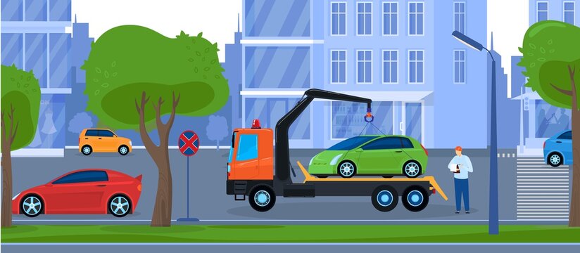 Car tow truck repair service vector illustration. Cartoon flat towtruck carrier with crane assists with auto car breakdown, towing automobile in urban cityscape. Towage assistance on road background