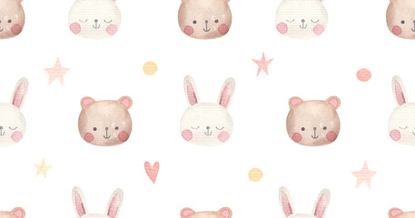 childrens simple seamless pattern with cute animals, bear and rabbit, watercolor illustration on white background