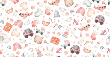 seamless pattern with baby elements, clothes toys, animals, watercolor illustration on a white background