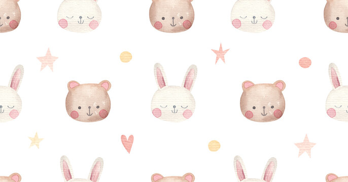 childrens simple seamless pattern with cute animals, bear and rabbit, watercolor illustration on white background