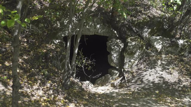 Earthen structure, an ancient underground storage and shelter for people, entrance on the mountainside in the forest
