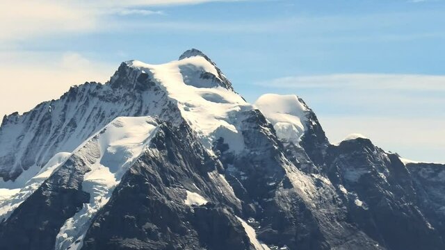 North face of Eiger snow capped seen from Schilthorn summit 2970 meters at panoramic platform. Murren, Canton of Bern in Switzerland. Oberland Bernese, Jungfrau Region. Summer season.