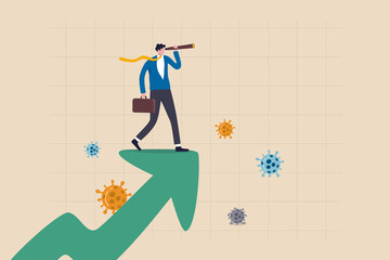 Post pandemic vision, economic outlook after Coronavirus COVID-19 crisis concept, smart businessman standing on upward rising growth graph using telescope to see the way forward with virus pathogen.