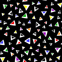 Seamless abstract vector pattern with hand-drawn colorful triangles with white contour on black background. Wallpaper, textile, wrapping, graphic design. Neutral design