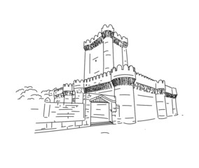 Detailed square castle perspective view mountain clean line vector illustration