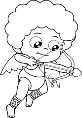 Outlined Baby Cupid Cartoon Character Shooting Heart Arrows. Vector Illustration Isolated On Transparent Background