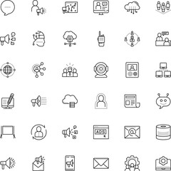 communication vector icon set such as: recognition, suggestion, think, infected, bot, military, bubble, page, walkie, search, cloudscape, photo, hand, www, scream, e-mail, hosting, protection