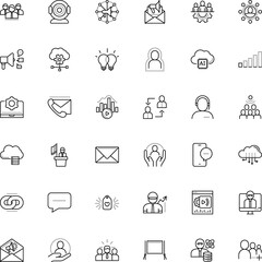 communication vector icon set such as: professional, low, scientist, brand, stop virus, engagement, development, success, analytics, infected, stand, volume, society, plug, metal, audience, patient