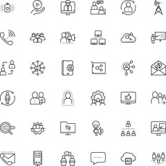 communication vector icon set such as: station, employees, boss, folder, learning, demonstration, letter, movie, recruitment, content, upload, knowledge, related, lock, announcement, bulb, course