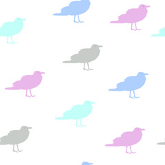 Seamless pattern pastel colorful seagulls on white, kids style. Cute funny gulls print, vector eps 10