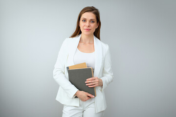 Confident woman teacher or business woman with books or business paper