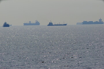 仕事が無く停泊している多数のタンカー