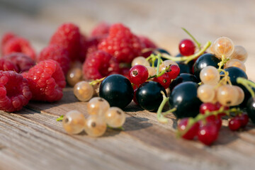 Ripe organic berry in bowl. Fresh assorted berries harvest from berry farm on wooden table