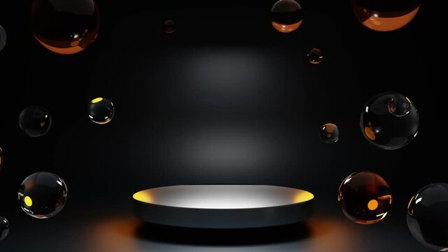 Silver circular stage, pedestal or podium with underwater air bubbles. Gold water drops, glass balls or soap bubbles on black background with blank space to ad premium product. Realistic 3D animation.