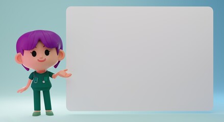 3D Rendering illustration of cute female doctor character explaining, introducing, pointing at blank banner, board with copy space
