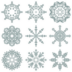 Vector collection of artistic icy abstract crystal snow flakes isolated on background as winter december decoration group or collection. Ice or frost beautiful star ornament silhouette or season art