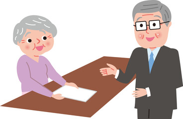 窓口で申し込みをするシニア女性と眼鏡男性担当者