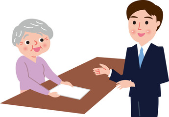 窓口で申し込みをするシニア女性と若い男性担当者