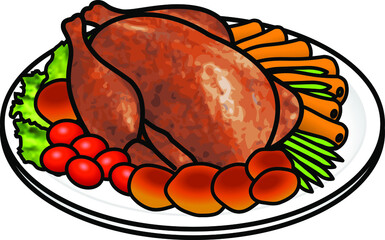 A roast turkey on a large platter with roast potatoes, carrots, beans, tomatoes and lettuce leaves.