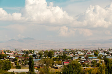 Beautiful view of the city of Gyumri against the backdrop of the mountains, Armenia