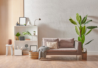 Grey stone wall interior room with wooden decor, bookshelf, sofa and vase of plant, middle table, carpet, home decoration.