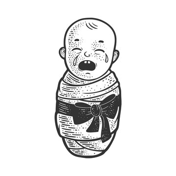 crying baby sketch engraving vector illustration. T-shirt apparel print design. Scratch board imitation. Black and white hand drawn image.