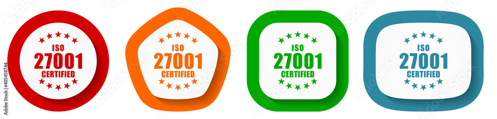 Aufkleber iso 27001 vector icon set, flat design buttons on white background