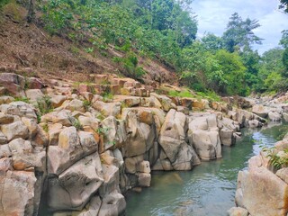 Beautiful landscape of river and rock canyon.	
