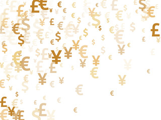 Euro dollar pound yen gold icons scatter money vector background. Forex pattern. Currency tokens