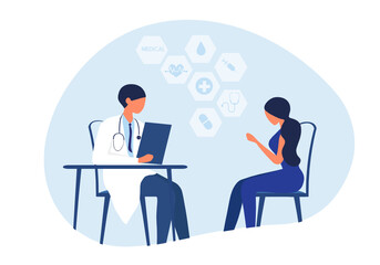 Woman patient consulting with doctor at hospital vector illustration. Doctor consultation concept