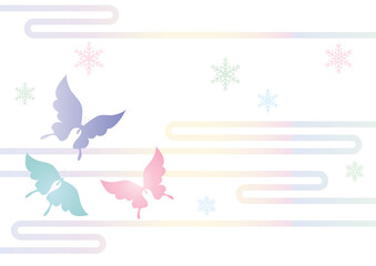 胡蝶と雪の結晶 イラスト 切り絵のようなデザイン 寒中お見舞いhappy holidays  背景素材 ベクター