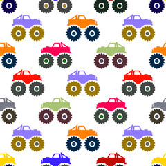 Bright colorful multicolored monster trucks isolated on white background. Cute car seamless pattern. Side view. Vector flat graphic illustration. Texture. © far700