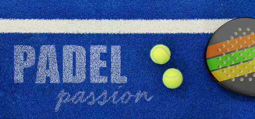 Padel passion text on a blue background with racquet and yellow balls