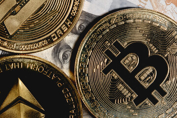 Franklin looks out over bitcoin. coin with bitcoin logo on a hundred dollar bill