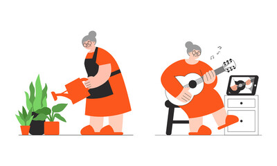 Granny watering houseplants and learns to play guitar from video lesson. Senior education, hobby for old people, active retirement concept. Flat vector illustration isolated on white background.