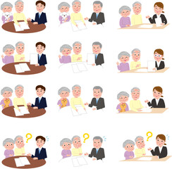 打ち合わせをするシニア夫婦と担当者色々セット