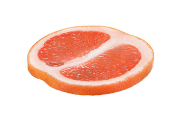 one juicy, bright slice of grapefruit on a white isolated background