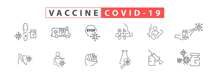 Corona line vaccine icon set. 2021 Included the icons as vaccination, coronavirus vaccinator, COVID-19, syringe and more.