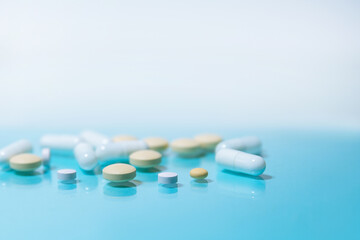 close up. various tablets on the table.