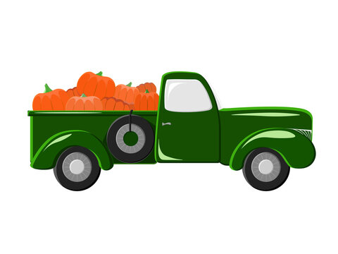 Green Agricultural farm car in flat style with pumpkins