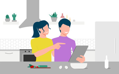 Happy couple looks on tablet and choose recipe in their kitchen. Online culinary school. Online courses, e-learning. Eps 10.