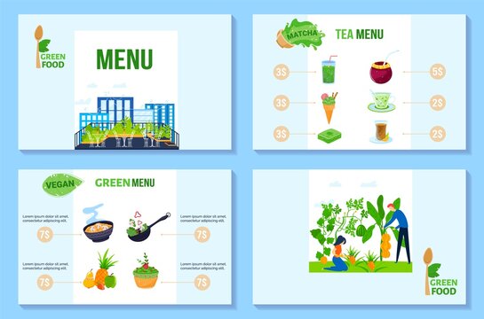 Green food menu vector illustration. Cartoon flat vegan or vegetarian restaurant, cafeteria or bistro cafe menu with eco green organic healthy veggie food drink from fresh ecological farmer products