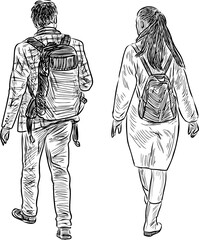 Fototapeta na wymiar Sketch of casual city pedestrians walking along street
