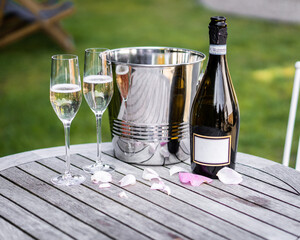 Unbranded Prosecco bottle with two flutes and flower petals 