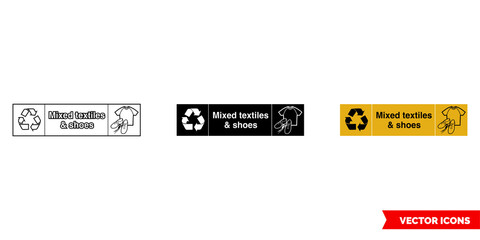 Mixed textiles and shoes landscape textile recycling sign icon of 3 types color, black and white, outline. Isolated vector sign symbol.
